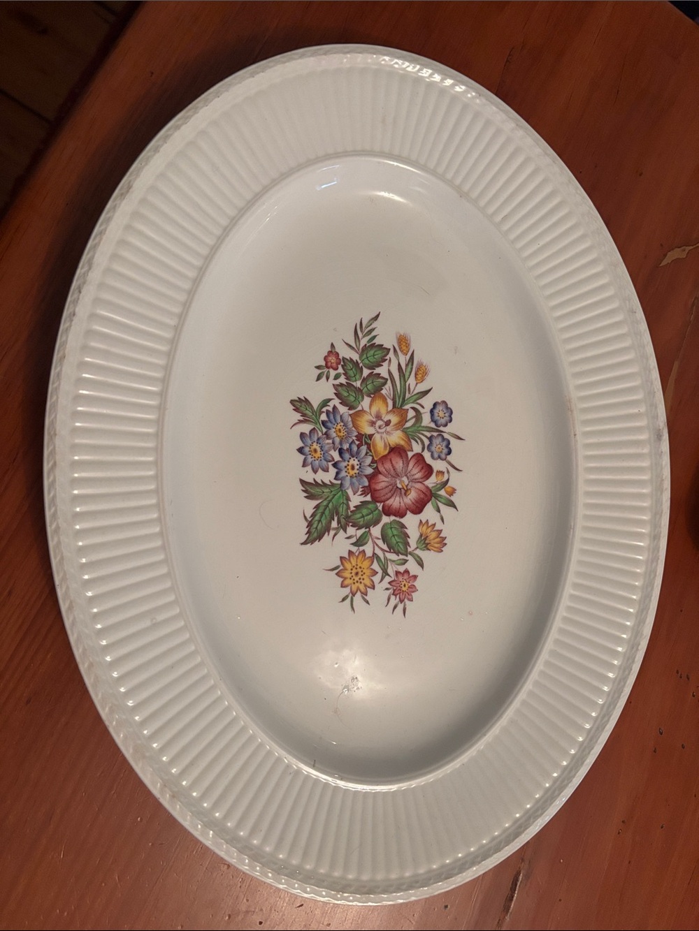 White Vintage Wedgwood Oval Serving Platter with Multicolor Floral Bouquet